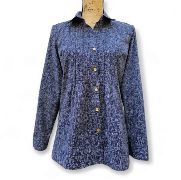 Charter Club Navy Blue & White Polka Dot Long Sleeve Shirt With Gold Buttons. - Picture 2 of 9